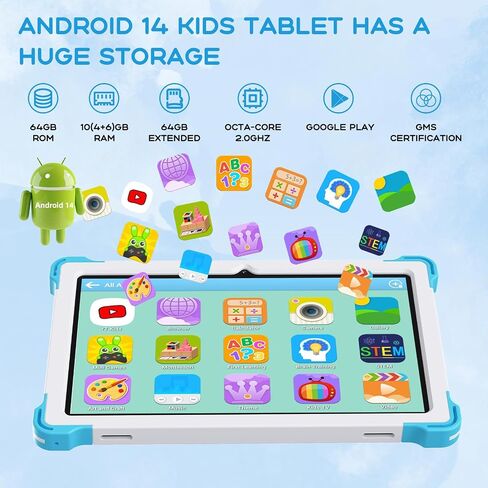 10.1 Inch Android 15 Kids Tablet, 10GB RAM 64GB ROM Storage, 10000mAh Large Battery, Parental Control, Pre-Installed Educational Apps, Learning Tablet for Kids 3-7（Blue） in Kuwait