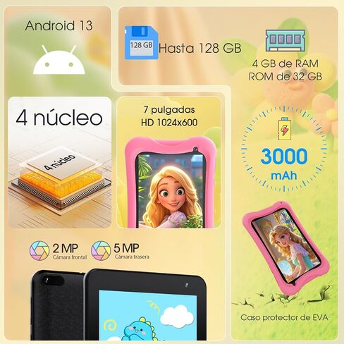 DigiLand Android Kids Tablet, 7 inch Android Tablet for Kids, 4GB + 32GB, Parental Control, 3000mAh Battery, Dual Camera, BT 5.0 & WiFi, Xmas Gift in Kuwait