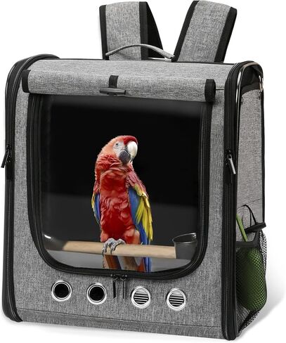 Large Bird Carrier Bag with Stand, Lightweight Backpack for Parrot, Portable Cockatiel Travel Cage with Accessories, Pet Transparent Breathable Carrier, Gray in Kuwait