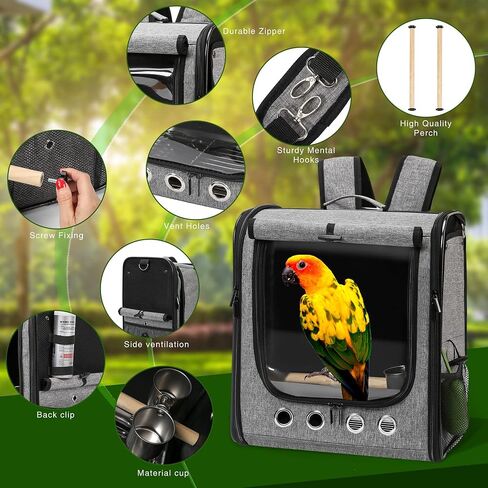 Large Bird Carrier Bag with Stand, Lightweight Backpack for Parrot, Portable Cockatiel Travel Cage with Accessories, Pet Transparent Breathable Carrier, Gray in Kuwait