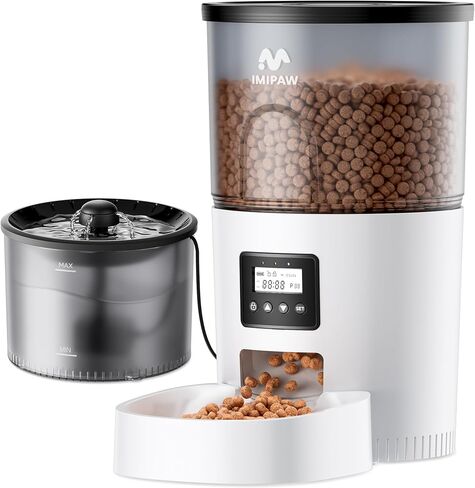 IMIPAW Automatic Cat Feeder and Water Fountain, Timed Dry Food Dispenser, Programmable Portion Control, 1-6 Meals Per Day, Desiccant Bag, Cat Fountains for Drinking with Filter, Small Pets (3L Combo) in Kuwait