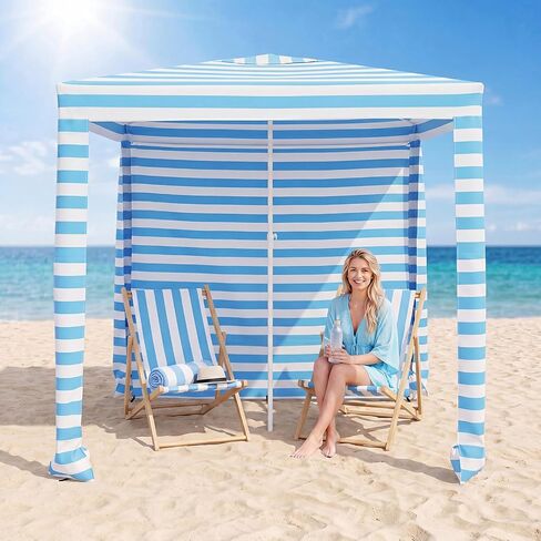 Tangkula 6.7'x6.8' Foldable Beach Cabana, Easy Set-up Portable Beach Tent with Carry Bag, Detachable Side Wall, 4 Sandbags, Wind Vent, Sun-Protection Outdoor Beach Umbrella Shelter for Family in Kuwait