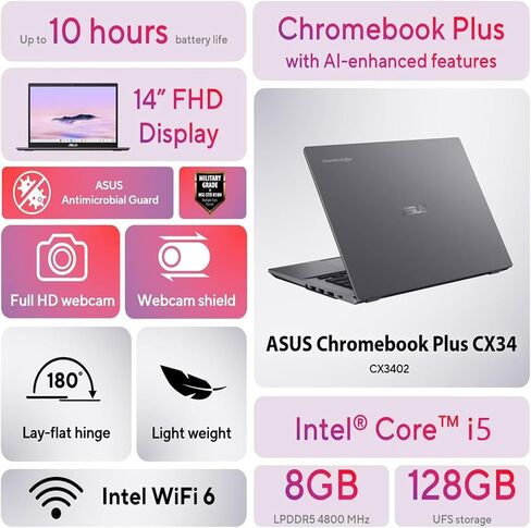كمبيوتر محمول ASUS Chromebook بشاشة تعمل باللمس مقاس 14 بوصة 2 في 1 - Google Chromebook للبالغين - AMD Ryzen 3-7320C - لوحة مفاتيح بإضاءة خلفية - WiFi 6 - USB C (ذاكرة وصول عشوائي سعتها 8 جيجابايت | SSD سعة 128 جيجابايت + بطاقة SD سعة 256 جيجابايت) in Kuwait