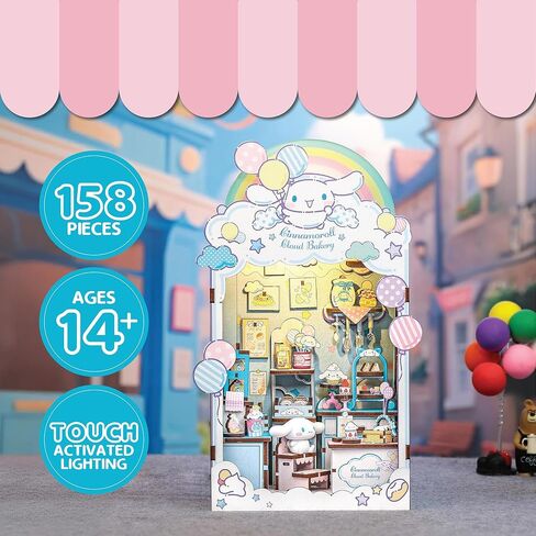 Hands Craft Cinnamoroll Cloud Bakery Book Nook Kit with Cinnamoroll Figurine – Kawaii 3D Puzzle with Touch Activated LED Lights – DIY Wooden Craft Kit for Bedroom or Bookshelf Decor & Gifts in Kuwait