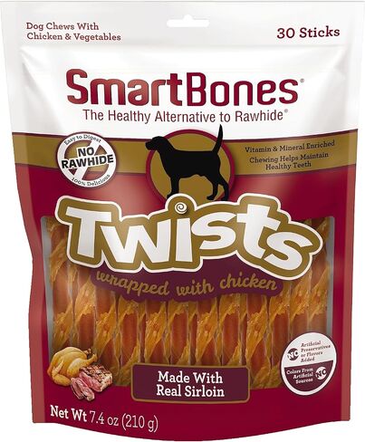SmartBones Twists Wrapped with Chicken Made with Real Sirloin, 30 Count, Treat Your Dog to a Rawhide-Free Chew in Kuwait