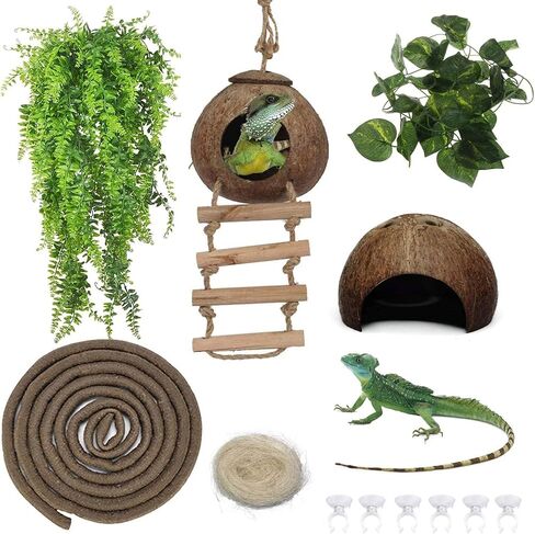 kathson Leopard Gecko Tank Accessories Reptile Habitat Decor Reptiles Hanging Plants Artificial Bendable Climbing Vines and Hidden Coconut Shell Hole for Chameleon, Lizards, Gecko, Snakes in Kuwait