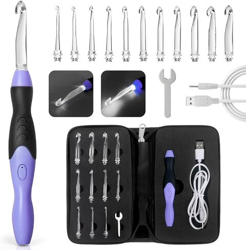 Light Up Crochet Hook Sets, 11 Sizes Interchangeable Lighted Crochet Hook Set, LED Rechargeable Crochet Hooks for Dark Yarn, Ergonomic Grip Crochet Kit for Beginners Crochet Needles Kit with Case in Kuwait