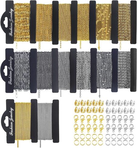 Wisreach 18K Gold & Silver Chain for Jewelry Making, 80 Feet 14 Rolls DIY Bracelet Chains with 200 Jump Rings, 20 Lobster Clasps & 20 Connectors in Saudi Arabia