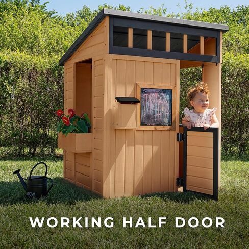 Backyard Discovery Caraway Cottage Cedar Wooden Kids Playhouse with Play Kitchen, Chalkboard, Mailbox, Half Door, Windows, Flower Box, Modern Farmhouse Design for Outdoor Imaginative Play in Saudi Arabia