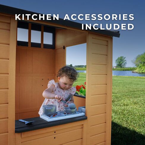 Backyard Discovery Caraway Cottage Cedar Wooden Kids Playhouse with Play Kitchen, Chalkboard, Mailbox, Half Door, Windows, Flower Box, Modern Farmhouse Design for Outdoor Imaginative Play in Saudi Arabia