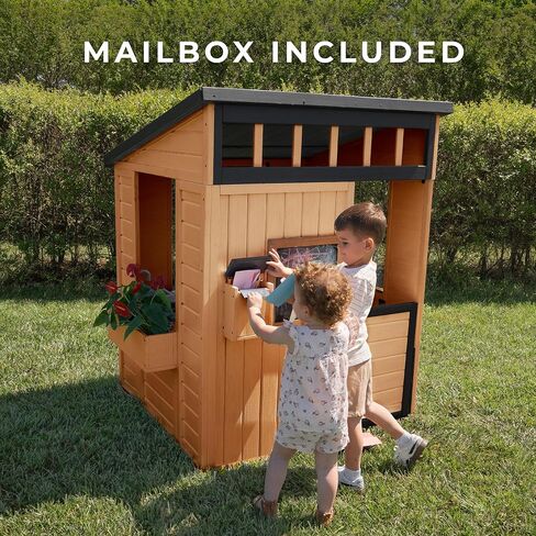 Backyard Discovery Caraway Cottage Cedar Wooden Kids Playhouse with Play Kitchen, Chalkboard, Mailbox, Half Door, Windows, Flower Box, Modern Farmhouse Design for Outdoor Imaginative Play in Saudi Arabia
