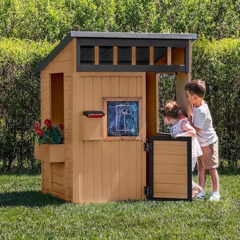Backyard Discovery Caraway Cottage Cedar Wooden Kids Playhouse with Play Kitchen, Chalkboard, Mailbox, Half Door, Windows, Flower Box, Modern Farmhouse Design for Outdoor Imaginative Play in Saudi Arabia