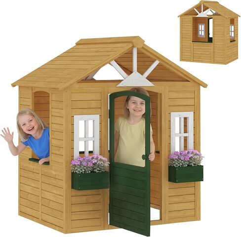 Qaba Outdoor Playhouse Wooden Kids Playhouse Functional Door Ages 3–8 Brown in Kuwait