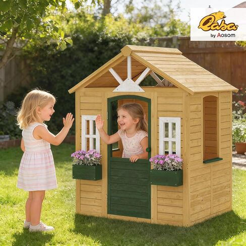 Qaba Outdoor Playhouse Wooden Kids Playhouse Functional Door Ages 3–8 Brown in Kuwait