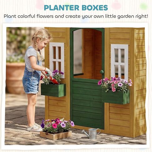 Qaba Outdoor Playhouse Wooden Kids Playhouse Functional Door Ages 3–8 Brown in Kuwait