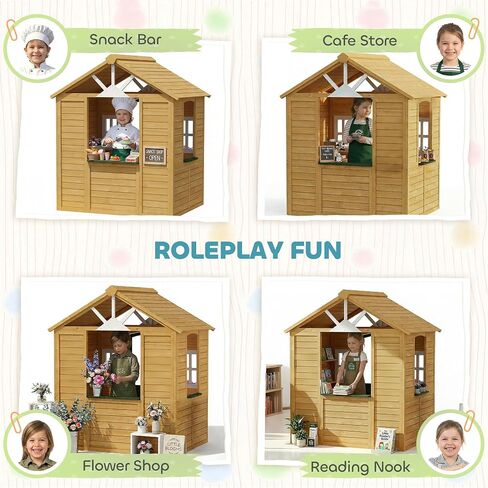 Qaba Outdoor Playhouse Wooden Kids Playhouse Functional Door Ages 3–8 Brown in Kuwait