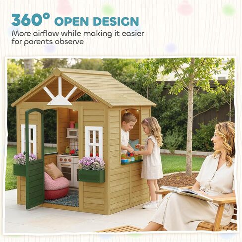 Qaba Outdoor Playhouse Wooden Kids Playhouse Functional Door Ages 3–8 Brown in Kuwait