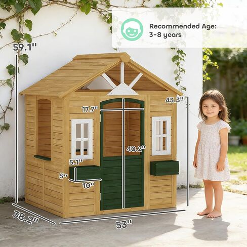 Qaba Outdoor Playhouse Wooden Kids Playhouse Functional Door Ages 3–8 Brown in Kuwait