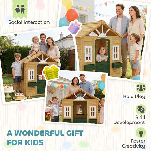 Qaba Outdoor Playhouse Wooden Kids Playhouse Functional Door Ages 3–8 Brown in Kuwait