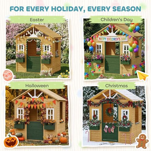 Qaba Outdoor Playhouse Wooden Kids Playhouse Functional Door Ages 3–8 Brown in Kuwait