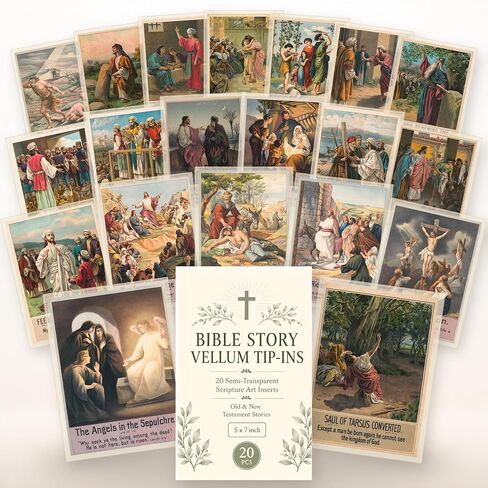 Bible Story Vellum Tip-Ins, 20 PCS 5x7 Inch Semi-Transparent Bible Inserts, Old and New Testament Watercolor Bible Journaling Supplies, Christian Gifts for Women, Prayer Journal Decorations in Kuwait