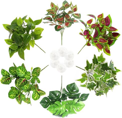 PINVNBY Reptile Terrarium Plants Hanging Artificial Lizards Habitat Climbing Decorations with Suction Cup Pets Tank Fake Green Plastic Ornament for Amphibians Bearded Dragons 6PCS in Kuwait