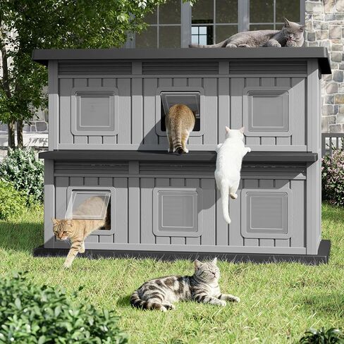 Weatherproof Outdoor Feral Cat House,2 Storey Insulated Cat Shelter Outdoor with Escape Doors, Sturdy Resin Outside Cat House for Garden in Kuwait