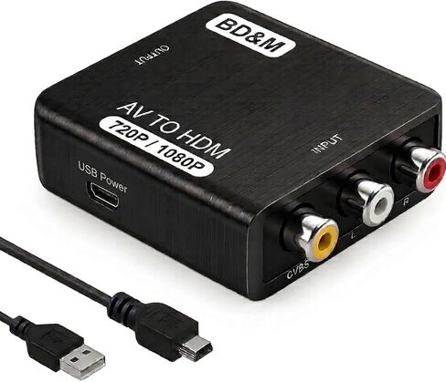 BD&M AV to HDMI Converter, RCA to HDMI, 1080P Mini RCA Composite CVBS Video Audio Converter Adapter Support PAL/NTSC for TV/PC/ PS3/ STB/Xbox VHS/VCR/Blue-Ray DVD Players - Black in Kuwait