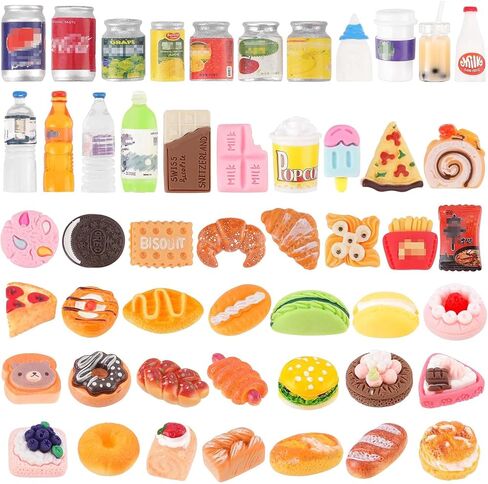 50Pcs Miniature Food Drinks Bottle Soda Pop Cans, Pretend Play Mini Kitchen Game Party Accessories Toys Hamburg Cake Ice Cream for 1/12 Doll House in Kuwait