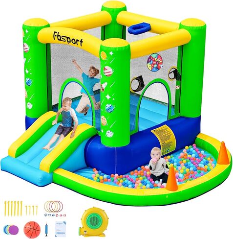 FBSPORT HOME -ENVERATABLE BOUNCE ، شريحة قلعة Bounce Bounce للداخلية الخارجية ، BOUND BABY JUMPER BOUNCER ، Kids Jumping Bouncy House مع منفاخ ، حمام سباحة الكرة ، كرة السلة ، لعبة DART ، GRAY in Kuwait