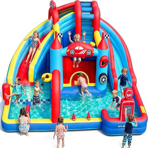 ELEMARA Speed Racer 15-in-1 Inflatable Water Slide Bounce House for Big Kids, 191x175in Double Slide Water Park w/Climbing Wall, Splash Pool,Water Cannon,Basketball,Dartboard & Boxing Post,750W Blower in Saudi Arabia