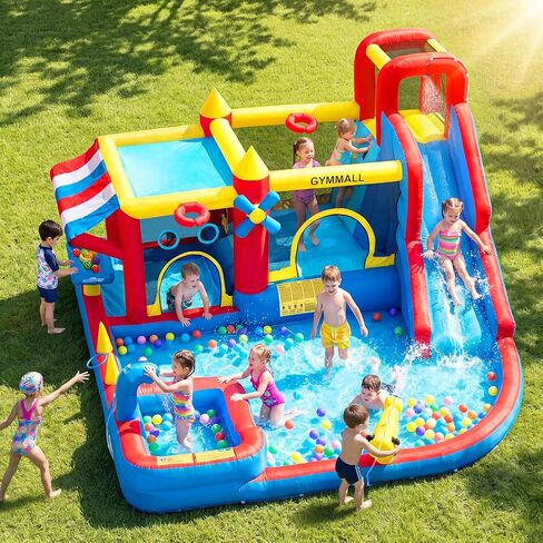 Inflatable Bounce House Water Slide with 550 W Blower, Blow up 10-in-1 Waterslide Park Bouncy Castle Outdoor and Indoor, Bouncer House with Toy Market Stand, Splash Pool and Climbing Wall in Saudi Arabia