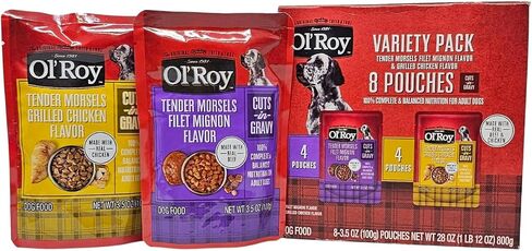 Ol' Roy Wet Dog Food Variety Pack Tender Morsels Filet Mignon and Grilled Chicken, 3.5oz Pouch (8 Count) in Kuwait
