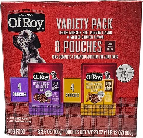 Ol' Roy Wet Dog Food Variety Pack Tender Morsels Filet Mignon and Grilled Chicken, 3.5oz Pouch (8 Count) in Kuwait