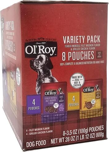 Ol' Roy Wet Dog Food Variety Pack Tender Morsels Filet Mignon and Grilled Chicken, 3.5oz Pouch (8 Count) in Kuwait