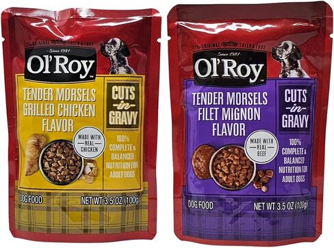 Ol' Roy Wet Dog Food Variety Pack Tender Morsels Filet Mignon and Grilled Chicken, 3.5oz Pouch (8 Count) in Kuwait