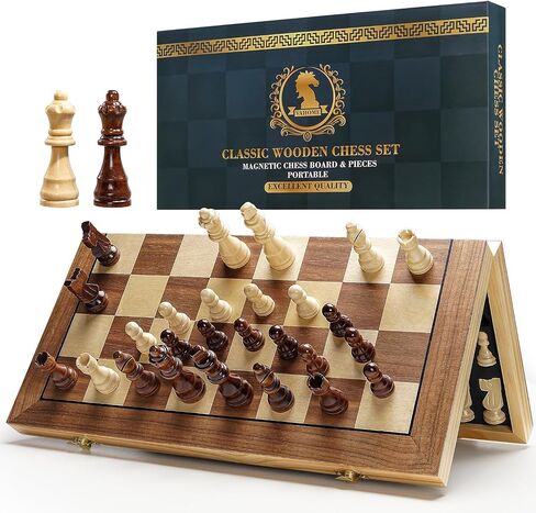 Vahome Magnetic Chess Set for Adults & Kids, 15" Wooden Folding Chess Boards, Handcrafted Portable Travel Chess Game with Pieces Storage Slots, 2 Extra Queens in Kuwait