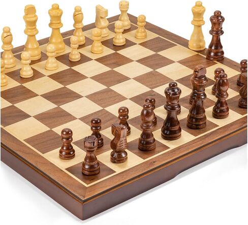 Chess Set Board Games for Adults: Handmade Walnut Wooden 15" 2 Extra Queens Folding Portable Travel Chess Game, Gift idea, Pieces Storage Slots,Instructions in Kuwait