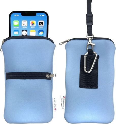 Men Women Phone Neoprene Shockproof Zippered Sleeve Case Bag Pouch with Carabiner, Neck Lanyard, Belt Loop Holster for iPhone 15/14 Pro Max, 15 Plus, Samsung S24+, A54 (Birds Floral Navy Blue) in Kuwait