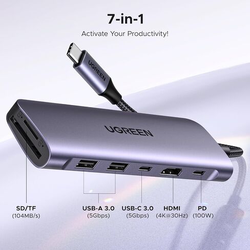 يوجرين محول USB-C بسرعة 5Gbps في الثانية 7 في 1 بـ2 منفذ نقل بيانات USB-A 3.0، قدرة 100W، منفذ نوع 4K الى HDMI، قارئ بطاقة SD/TF، محول متعدد المنافذ لماك بوك برو وماك اير/سيرفس 2016-2022 in Kuwait