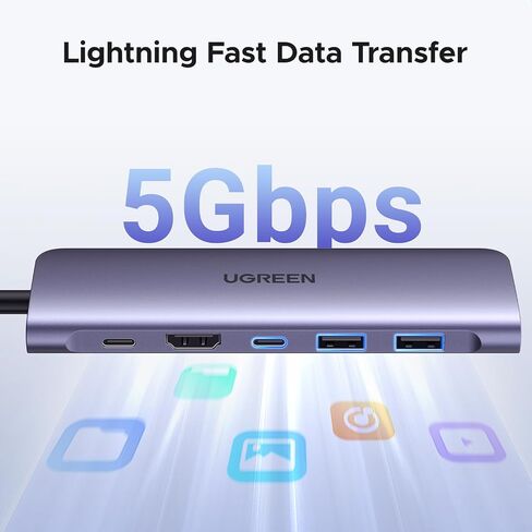 يوجرين محول USB-C بسرعة 5Gbps في الثانية 7 في 1 بـ2 منفذ نقل بيانات USB-A 3.0، قدرة 100W، منفذ نوع 4K الى HDMI، قارئ بطاقة SD/TF، محول متعدد المنافذ لماك بوك برو وماك اير/سيرفس 2016-2022 in Kuwait