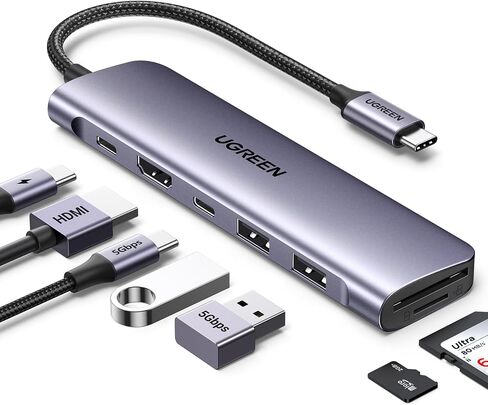 يوجرين محول USB-C بسرعة 5Gbps في الثانية 7 في 1 بـ2 منفذ نقل بيانات USB-A 3.0، قدرة 100W، منفذ نوع 4K الى HDMI، قارئ بطاقة SD/TF، محول متعدد المنافذ لماك بوك برو وماك اير/سيرفس 2016-2022 in Kuwait