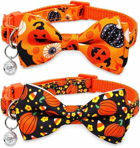2 Pack Halloween Cat Collars with Bow Ties, Cute Spooky Breakaway Kitten Collars with Bells, Ghost Pumpkin Skull Adjustable Halloween Collar for Boy Girl Kitties Kittens in Kuwait