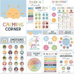 BEAWART 12 Calming Corner Classroom Posters (10x14) - Feelings Wheel Chart & Emotions Poster For Kids, Calm Down Corner Supplies For Therapy Office Decor, Mental Health Wall Decorations For Preschool in Saudi Arabia
