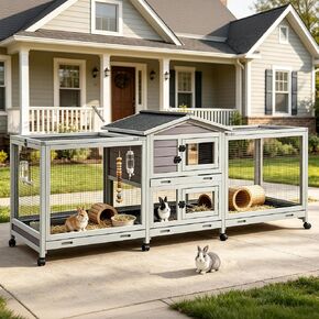 Rabbit Hutch Bunny Cage Indoor & Outdoor Rabbit Cage on Wheels, Large Guinea Pig Cage with 4 Deep No Leakage Pull Out Trays - 93.7" in Saudi Arabia