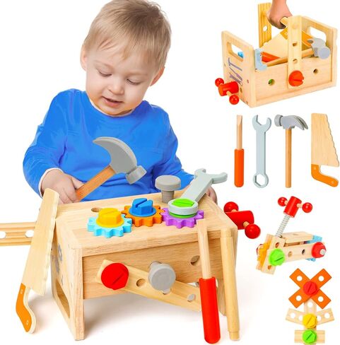 Wooden Tool Set for Kids 3 4 5 Year Old, 29Pcs Educational STEM Toys Toddler Montessori Toys for 3 Year Old Construction Preschool Learning Activities Gifts for Boys Girls Age 3-4 in Kuwait