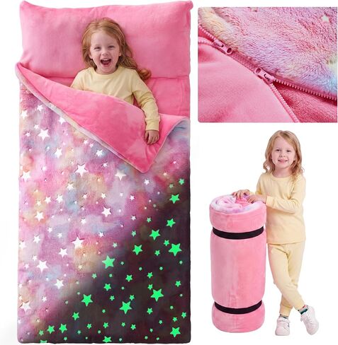 JOIEDOMI Toddler Sleeping Bag for Kids 66''x33'' Glow in The Dark Kids Sleeping Bag with Pillow for Boys and Girls Ages 3+ Soft Flannel Toddler Nap Mat for Preschool Daycare Sleepover in Saudi Arabia