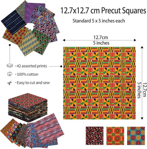 42 Pcs African Print Cotton Fabric Squares, 5 x 5 Inch No Repeat Kente Cloth Ankara Precut Quilt Squares for Patchwork, Quilting, Sewing and DIY Crafts in Kuwait