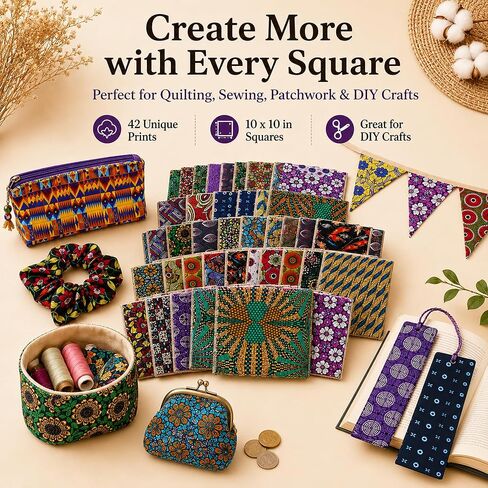 42 Pcs African Print Cotton Fabric Squares, 5 x 5 Inch No Repeat Kente Cloth Ankara Precut Quilt Squares for Patchwork, Quilting, Sewing and DIY Crafts in Kuwait