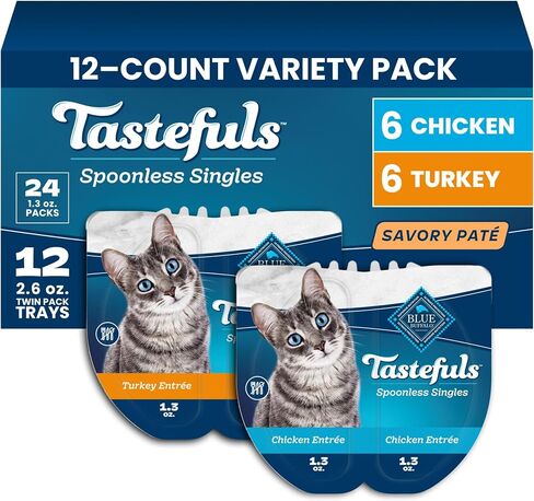 Blue Buffalo Tastefuls Spoonless Singles Variety Pack, Wet Cat Food Paté, 2.6-oz. Twin-Pack Trays, Whitefish/Tuna & Salmon Entreé (12 Count) in Kuwait